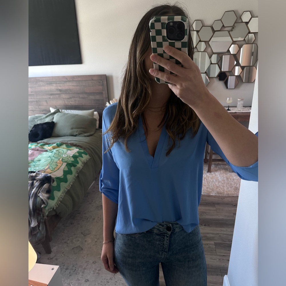 Lush Sky Blue V-Neck Blouse